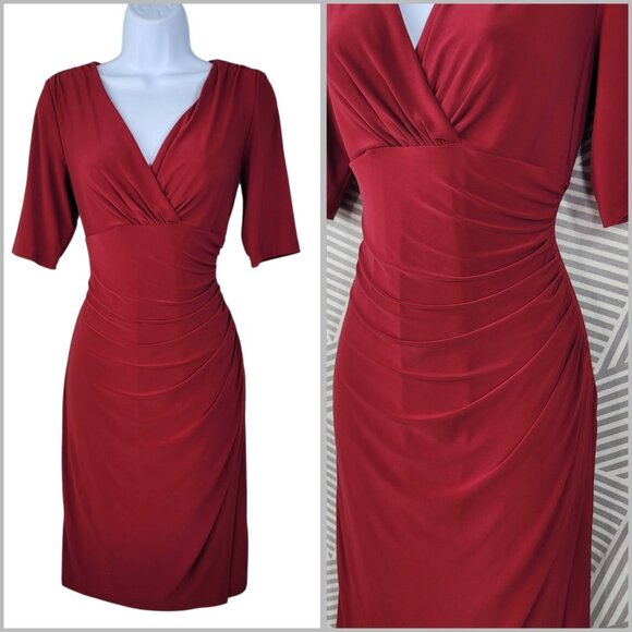 Ralph Lauren Dress 8 Stretch Wrap Top Ruched Waist Red Professional Party Event - Picture 1 of 8